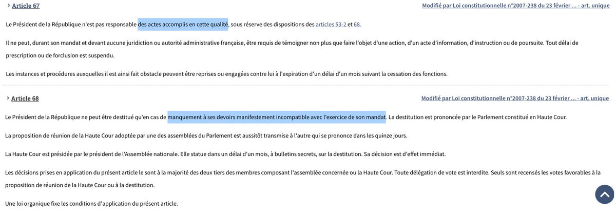 Au passage, en France, nous pourrions avoir un débat constitutionnel comparable. Car restent incertaines les notions : - d'« actes [du Président] accomplis en cette qualité »; - de « manquement à ses devoirs manifestement incompatible avec l'exercice de son mandat ».