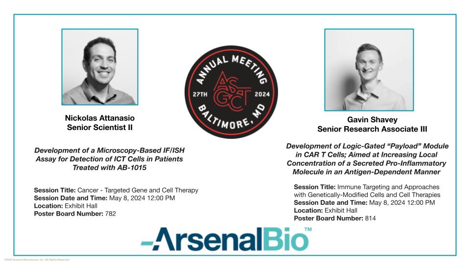 At #ASGCT2024, the ArsenalBio team will be presenting the progress on the company’s research work.  Nickolas Attanasio will present on our work to develop an assay to understand the performance characteristics of T cells in our experimental #ovariancancer therapy #AB1015.  Gavin