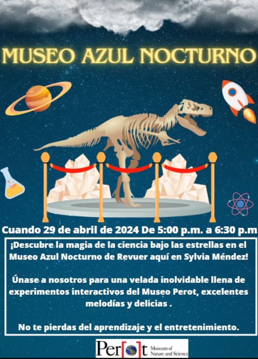 Do not forget on Monday, April 29th we are having our “Night at the Blueseum” with the Perot Museum! Come explore hands on science experiments and enjoy a night away! All Mendez families are welcome to join! 🦖🔬🔭🥼@Steps2Samuell @_HectorMartinez @LauraRubioGarza