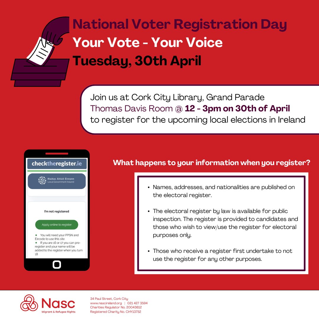 Next Tuesday is #NationalVoterRegistrationDay and we'll be in @corkcitylibrary from 12 - 3pm for those who would like to register to vote in #LocalElections2024. To register, you need a Personal Public Services (PPS) Number, eircode, date of birth and email address. @ICOSirl