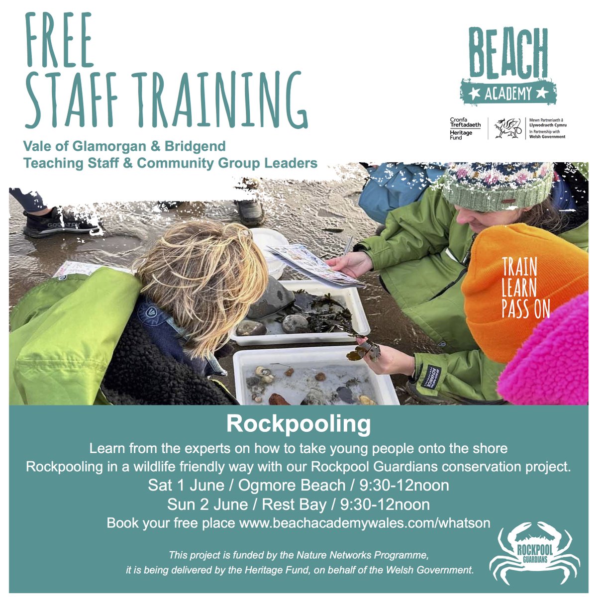 Free ‘rockpooling’ training opportunity*** for teaching staff and community group leaders based in Bridgend or Vale see attached for details. Part of the Rockpool Guardians project. 
#NatureNetworks #HeritageFund #NatureNetworksFund @WelshGovernment @HeritageFundCym