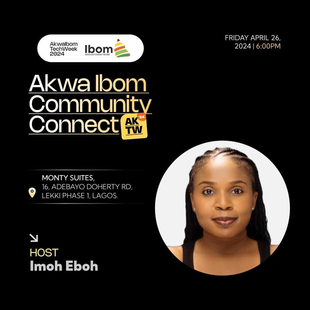 Meet your host for Akwa Ibom Community Connect! 

@imoheboh will be leading the conversation on April 26th at Monty Suites, Lekki Phase 1, Lagos. 

#AkwaIbomTechWeek2024 #AKTW2024 #EventHost