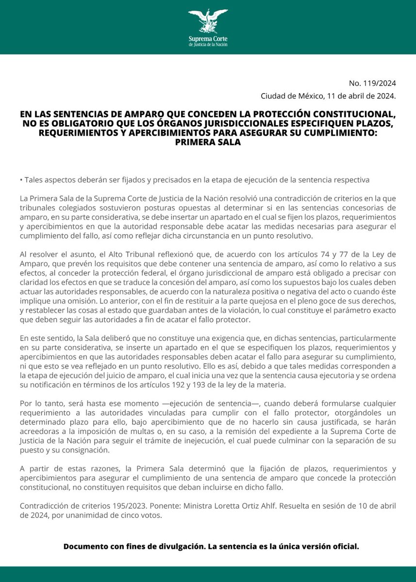 En las sentencias que conceden el amparo, no es obligatorio que los órganos jurisdiccionales especifiquen plazos, requerimientos y apercibimientos para asegurar su cumplimiento, pues ello será materia de la ejecución del fallo: #PrimeraSalaSCJN bit.ly/3Uh6D3y