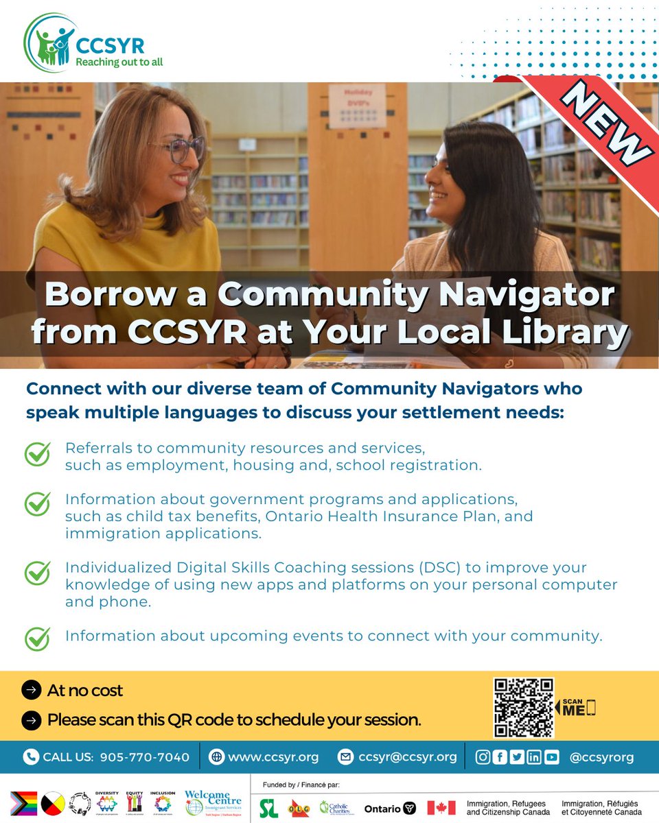 Exciting news! Starting today, newcomers in York region will find #ccsyr community navigators at local libraries! 
#LibraryServices #SettlementServices @vaughanpl @RichmondHillPL @markhamlibrary @EGPublicLibrary @georginalibrary @APLtweets @NewmarketPL @WSPLibrary @KingLibraries