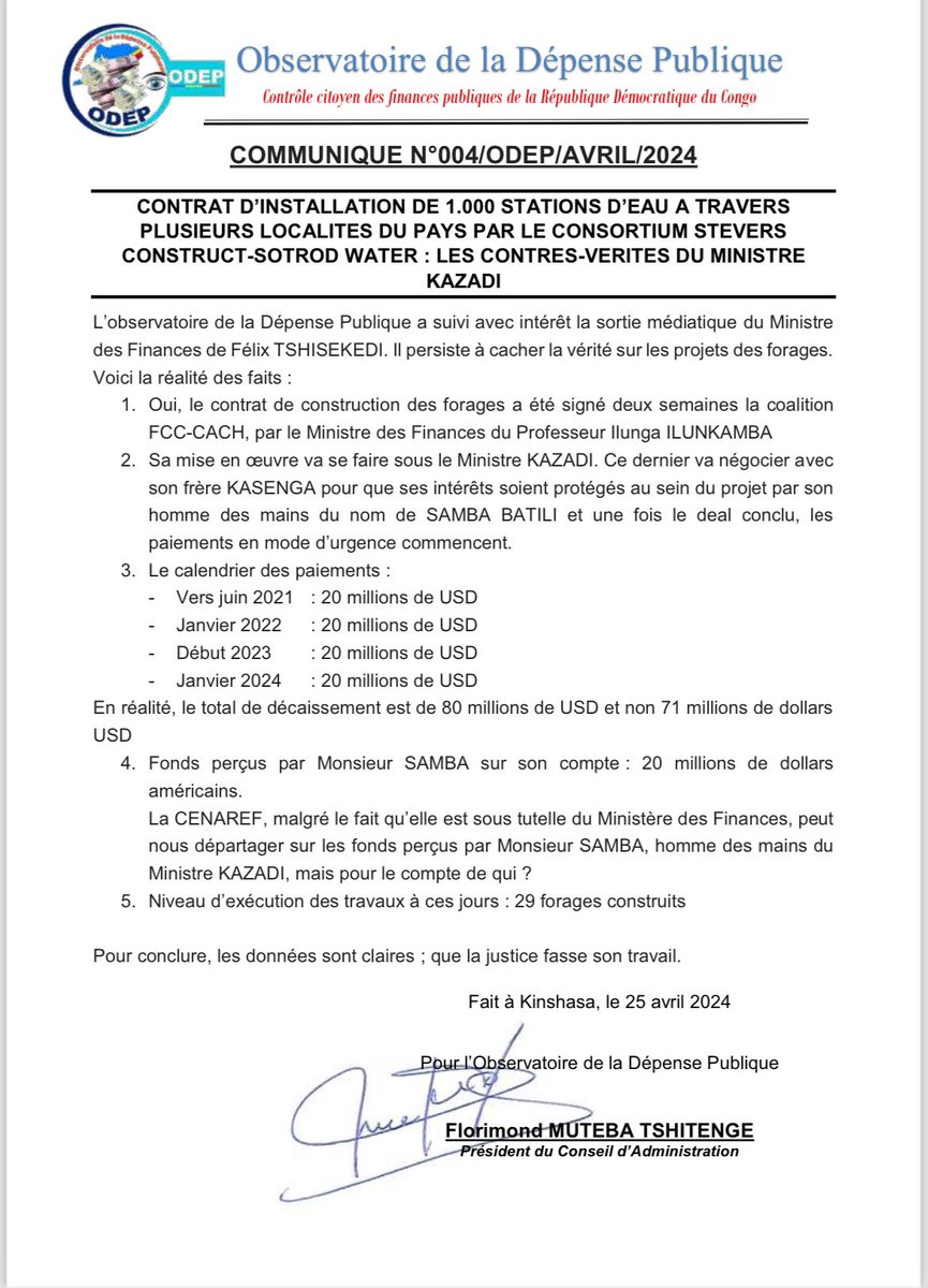 #RDC: 🚨‼️l’ODEP crucifie Nicolas Kazadi qui « va négocier avec son frère KASENGA pour que ses intérêts soient protégés au sein du projet par son homme des mains du nom de SAMBA BATILI et une fois le deal conclu, les paiements en mode d’urgence commencent. En réalité, le total de…