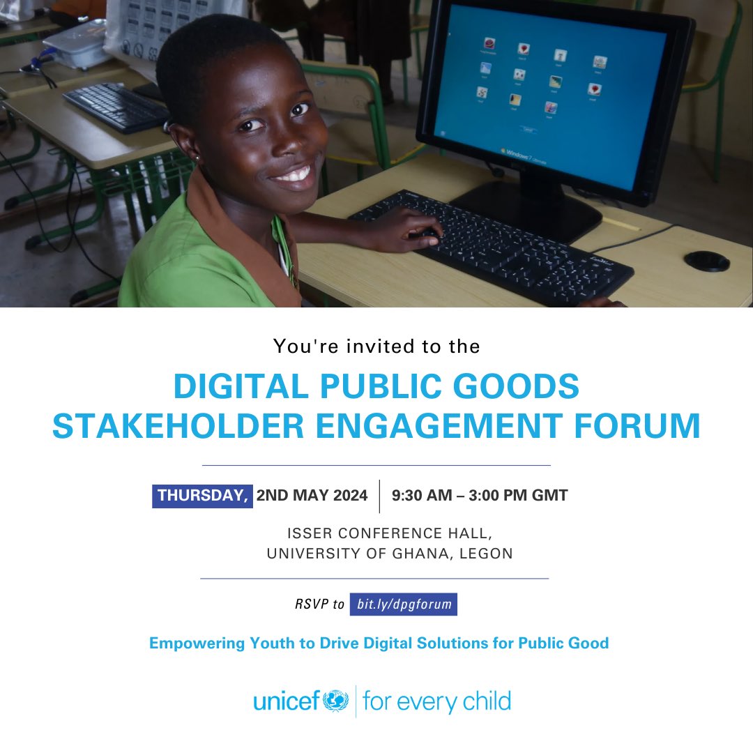 Save the Date! Join us on 2nd May 2024 for the Digital Public Goods Stakeholder Forum at ISSER Conference Hall, @UnivofGh. Explore Digital Public Goods and learn how open-source technology is driving positive change in Ghana. Register now: bit.ly/dpgforum