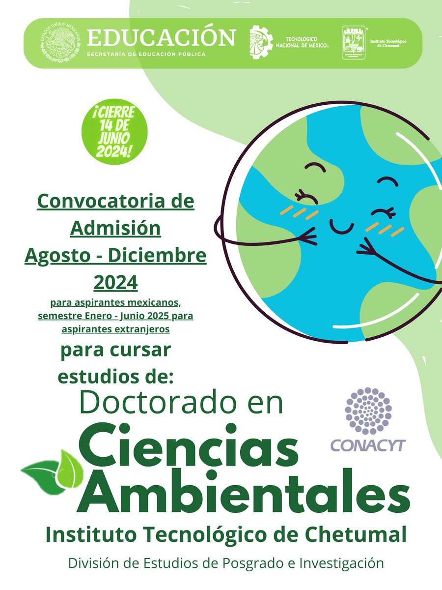 Buen día 📷 📷
Se convoca a los profesionistas interesados en cursar estudios a nivel de doctorado para participar en el proceso de registro y selección de aspirantes al Doctorado en Ciencias Ambientales (DCA) 
📷 n9.cl/83h9h