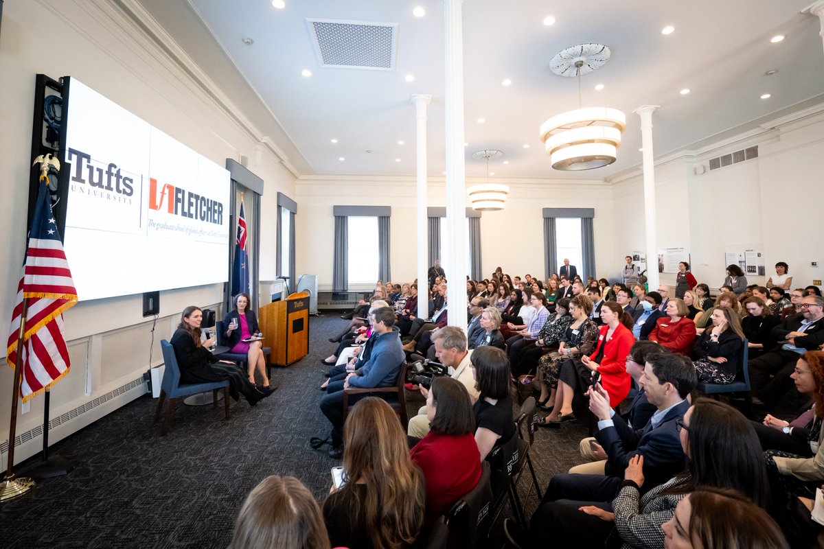 FletcherSchool's tweet photo. We were honored to welcome Dame Jacinda Ardern to campus on Tuesday. The former Prime Minister of New Zealand offered insights into crisis leadership and how small states can have big voices on the world stage. 🇳🇿🇺🇸 https://t.co/livrAq2r7v