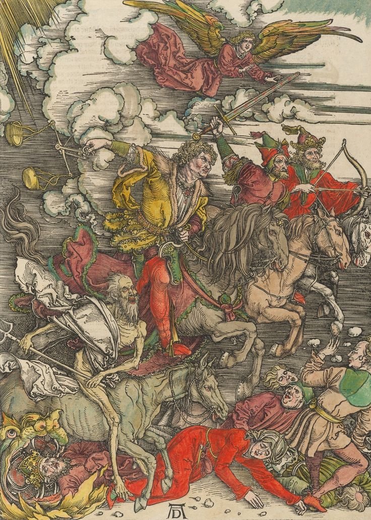 KatharinaPistor's tweet photo. #Horses #Horsemen #Apocalypse #BookofRevelations #Durer #Blood #Riders #Military #Riderless #LONDON #Paris #USA #NATO #Russia #China #Earth #Famine #disaster #pandemic #extinction #angel https://t.co/NaskeGPDT3