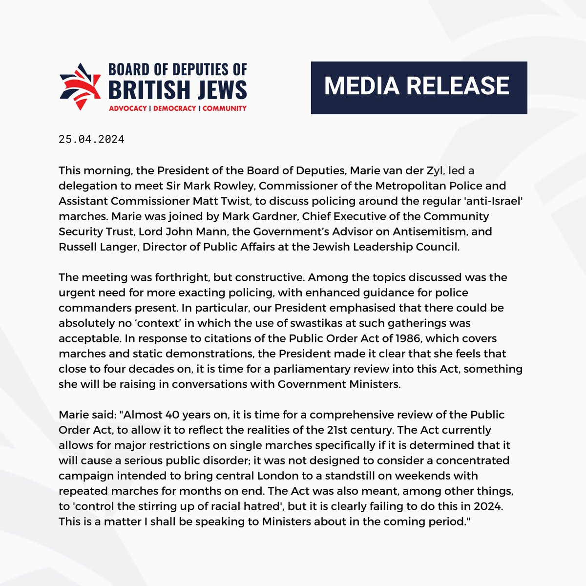 This morning, the President of the Board of Deputies, Marie van der Zyl, led a delegation to meet Sir Mark Rowley, Commissioner of the Metropolitan Police, and Assistant Commissioner Matt Twist, to discuss policing around the regular 'anti-Israel' marches. Full media release: ⬇️