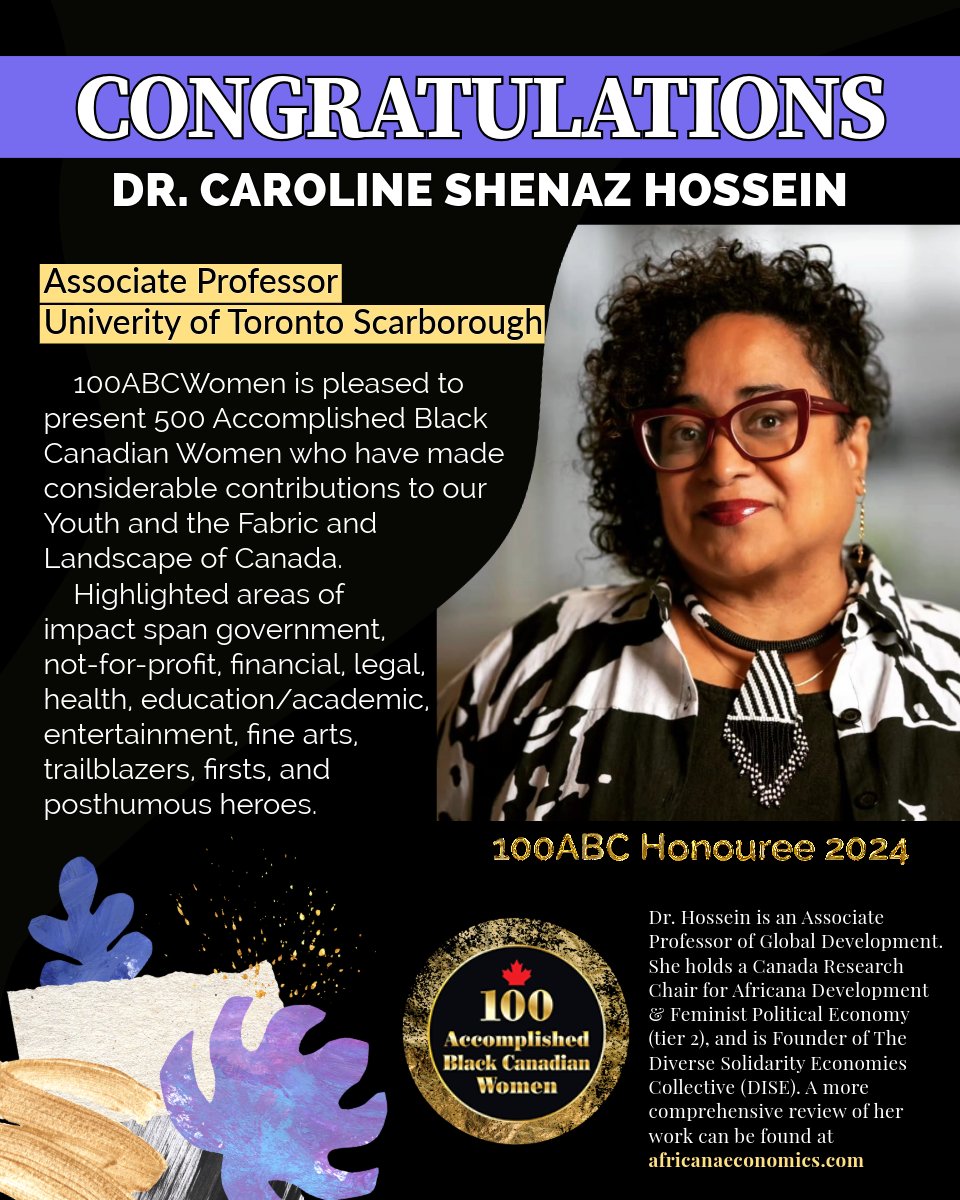 CONGRATS👏👏👏@UofT_PolSci @UTSC_PolSci @UTSC_IDS @carolinehossein who has been honoured with a 2024 100ABC (Accomplished #Black #Canadian) #women Award! politics.utoronto.ca/2024/04/2024-1…