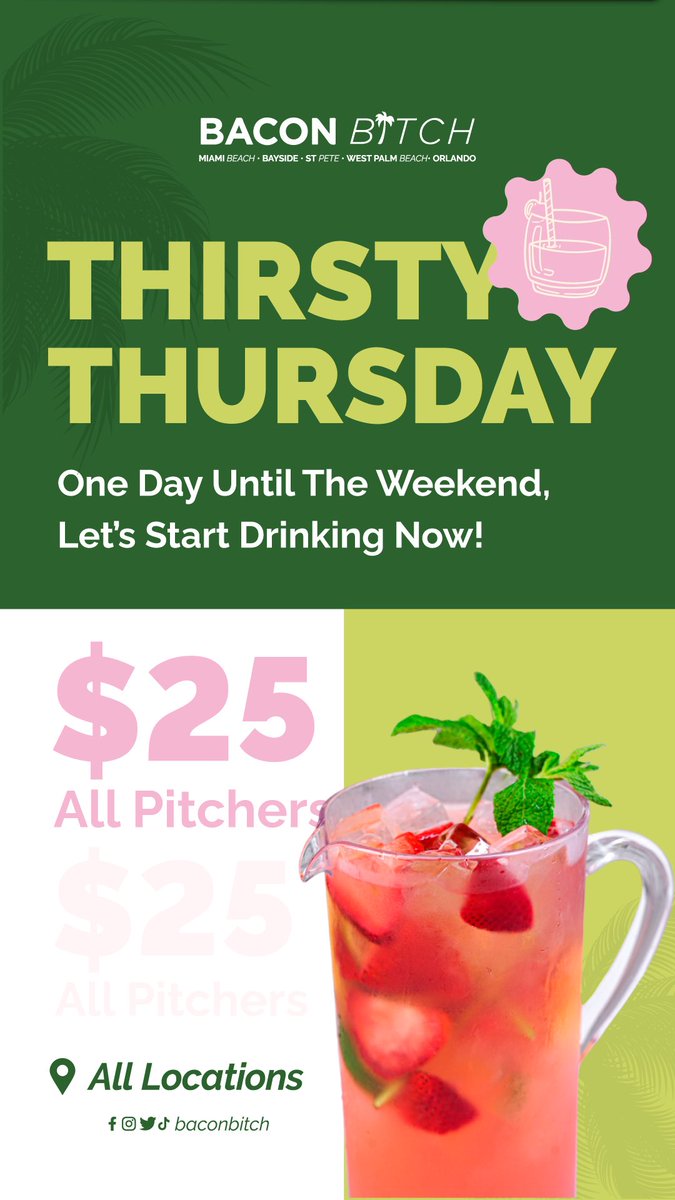 All Pitchers for $25? 🤯 Yesss B🌴tch! 

#pitchers #ThirstyThursday #baconbitch #miami #OrlandoFl #restaurants