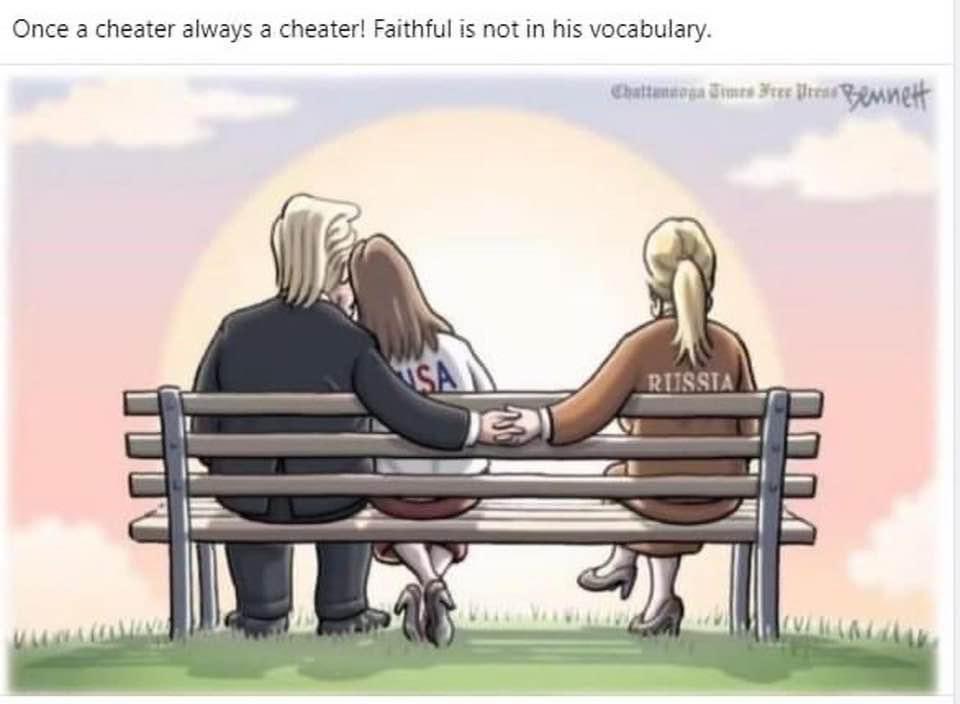 #ProudBlue #ResistanceUnited DJT is a liar and a cheater in every sense of the words. He has not been faithful to any of his wives and he has not been or will ever be faithful to America. He is a criminal who loves himself and admires dictators. #LockTrumpUp