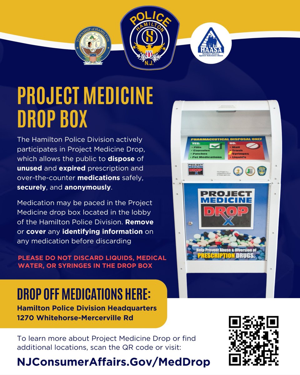 Building (640 S. Broad St.) from 10AM-2PM. Please note that Hypodermic needles and liquid solutions are not accepted. If you can't attend the Sheriff's Office event today, a Project Medicine Drop Box is available 24/7 for safe disposal of prescription medications at HTPD. (2/2)