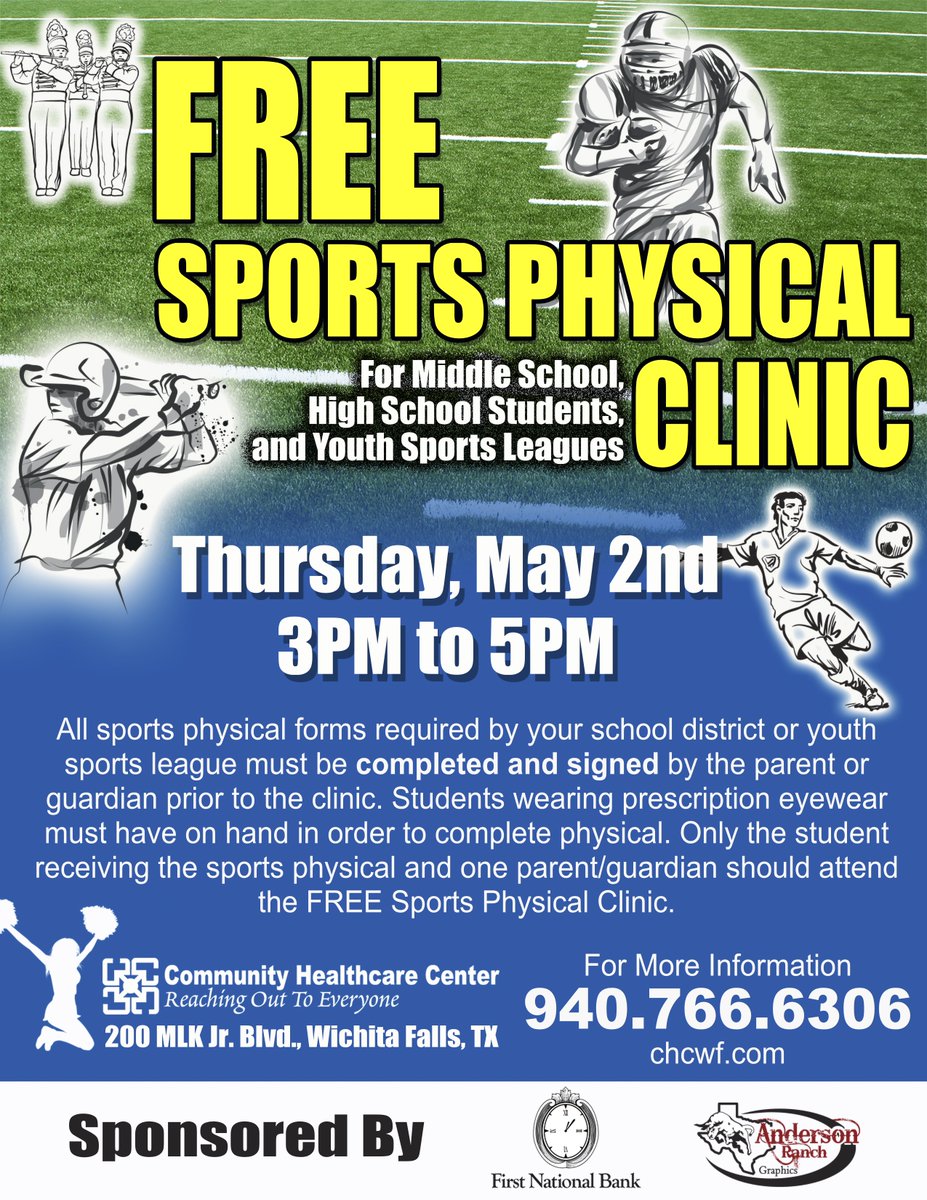 ATTENTION WFISD ATHLETES & BAND STUDENTS FREE Sports Physical Clinic Thursday, May 2nd, 3pm-5pm Community Healthcare Center. Complete the 2024 sports physical form beforehand. wfisd.net/depar.../athle… Bring your glasses or contacts for the eye exam! #teamWFISD #tellyourWFISDstory