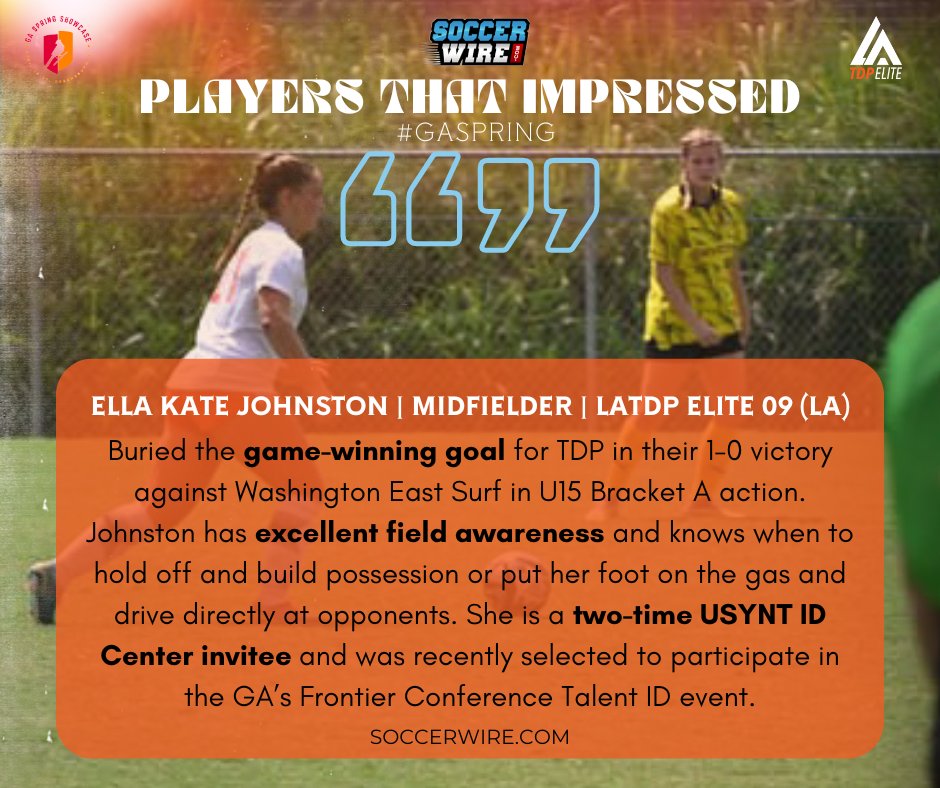 Ella Kate Johnson of LATDP Elite 09G received a glowing review for her performance at #GASpring by Soccer Wire. With three goals and one assist, EK showed why she's a two-time USYNT Talent ID Center and Frontier Conference ID Event attendee.

#LATDPElite | #CultureofDevelopment