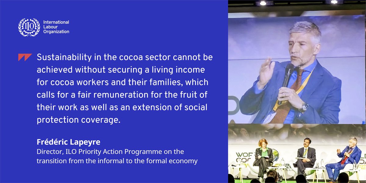 🍫 The @WorldCocoaConf has ended, which focused on making the cocoa supply chain more sustainable. 🤔 Did you know Africa produces around 70% of the world’s cocoa? 📢 @Fred_Lapeyre spoke on behalf of the ILO, advocating for cocoa workers to receive a fair remuneration.