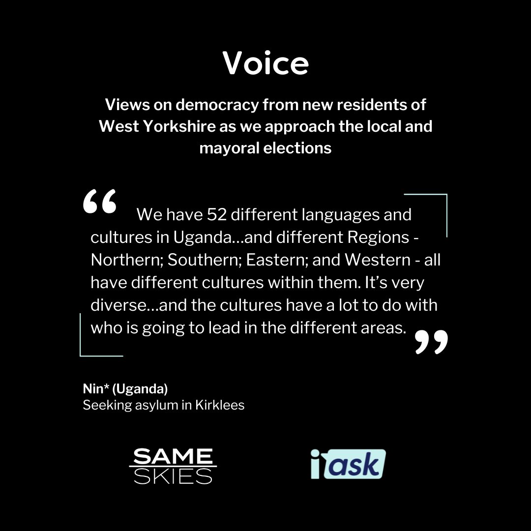 Just 2 days to go until the local and mayoral elections! Welcome to Voice, an @IASK_KIRKLEES & Same Skies initiative. We stand for diversity & democracy, focusing on the voices of people seeking asylum & refugees for #WYCA 2024. @MayorOfWY @TracyBrabin #democracymatters #voice