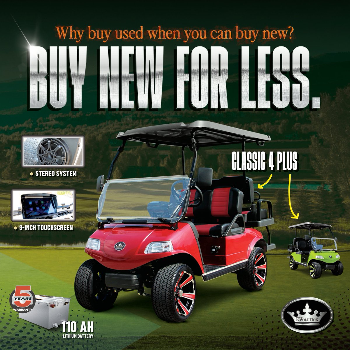 evogolfcarts's tweet photo. Why spend more on used carts when you can buy a new cart for less? 🤔 The Classic 4 Plus offers the perfect fusion of timeless design and modern innovation! It's your ultimate companion on the greens, at an unbeatable price! 👀💰

#new #golf #evoltuion #electric #classic #d2 https://t.co/zICf6tlUDs
