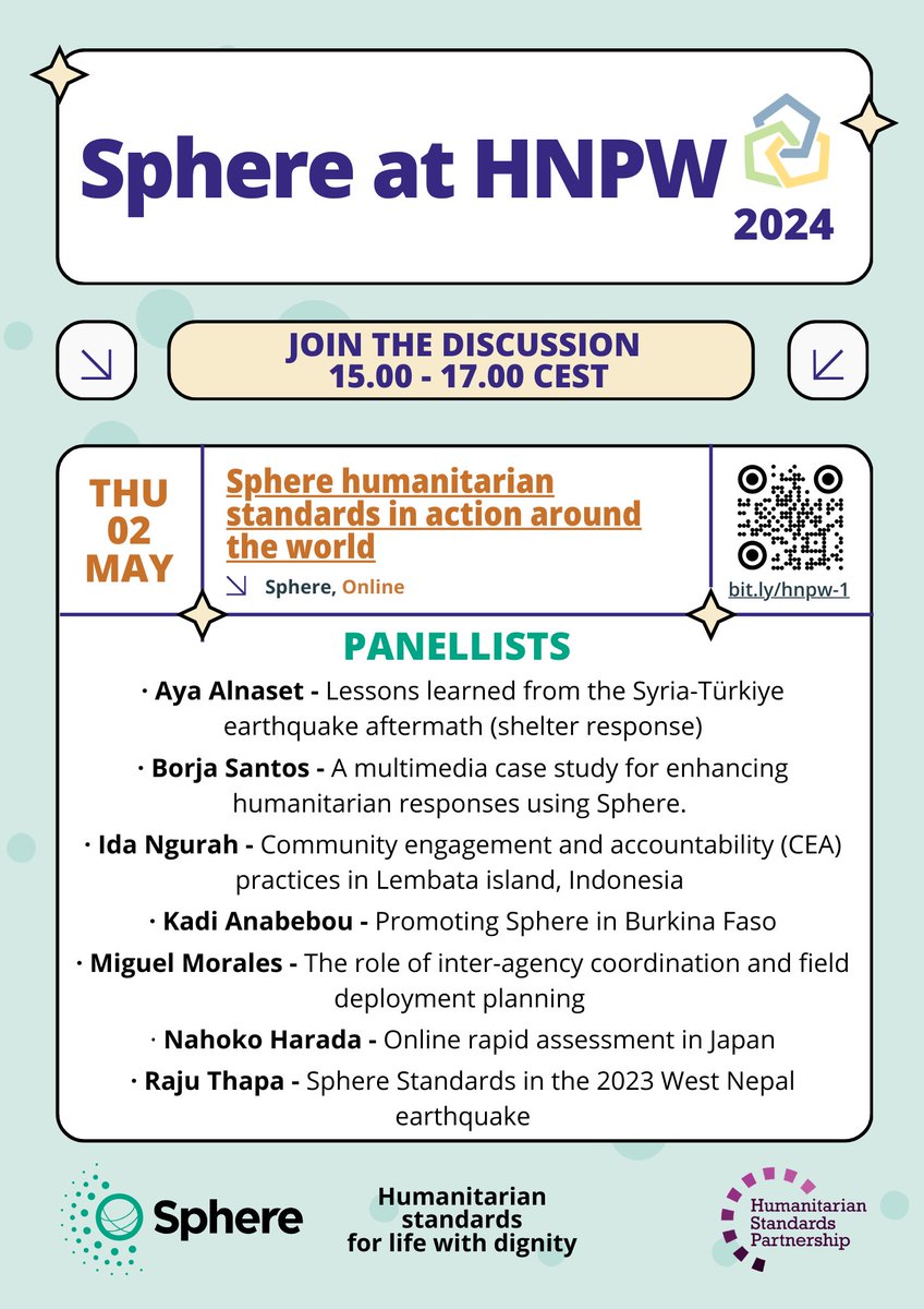 ❓How are #SphereStandards applied in diverse contexts? 📅 Join us online on 2 May as part of Humanitarian Networks and Partnerships Weeks #hnpw2024 🌍 hear from and pose questions to experienced Sphere practitioners from around the World. ✔ Register: bit.ly/hnpw-1