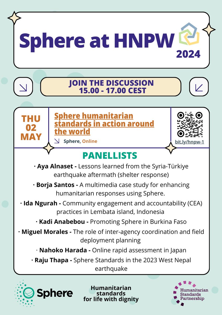 SpherePro's tweet photo. ❓How are #SphereStandards applied in diverse contexts?
📅 Join us online on 2 May as part of Humanitarian Networks and Partnerships Weeks #hnpw2024
🌍 hear from and pose questions to experienced Sphere practitioners from around the World.
✔ Register: https://t.co/DhsBjeHJBs https://t.co/OFjVUF7czq