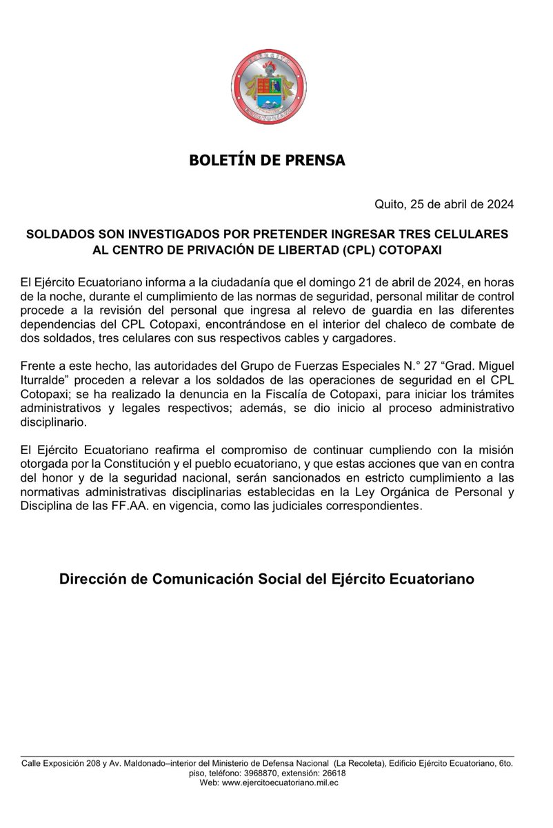 El Ejército Ecuatoriano informa