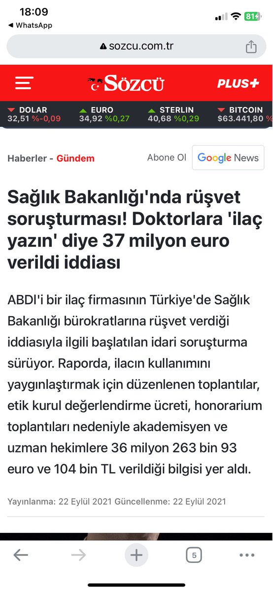 Yıl 2021 Abd’li bir ilaç firmasının, Türkiye’de bazı doktorlara “ilaçlarını yazsınlar” diye 37 milyon euro vermesi hakkında Sağlık Bakanlığı rüşvet soruşturması başlatmıştı. Rapora göre otellerde toplantılar düzenleyip akademisyen, doktorlara honorarium gibi vasıtalarla vermişler