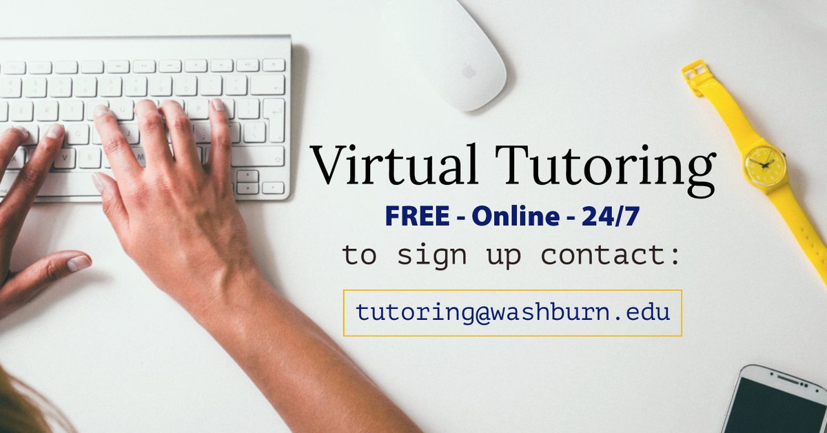 Finals are almost here! Contact tutoring@washburn.edu to get access to FREE 24/7 virtual tutoring. For math tutoring contact mathtutoring@washburn.edu. For writing help, visit the Writing Center on the library’s 3rd floor 11AM-5PM Monday-Friday.