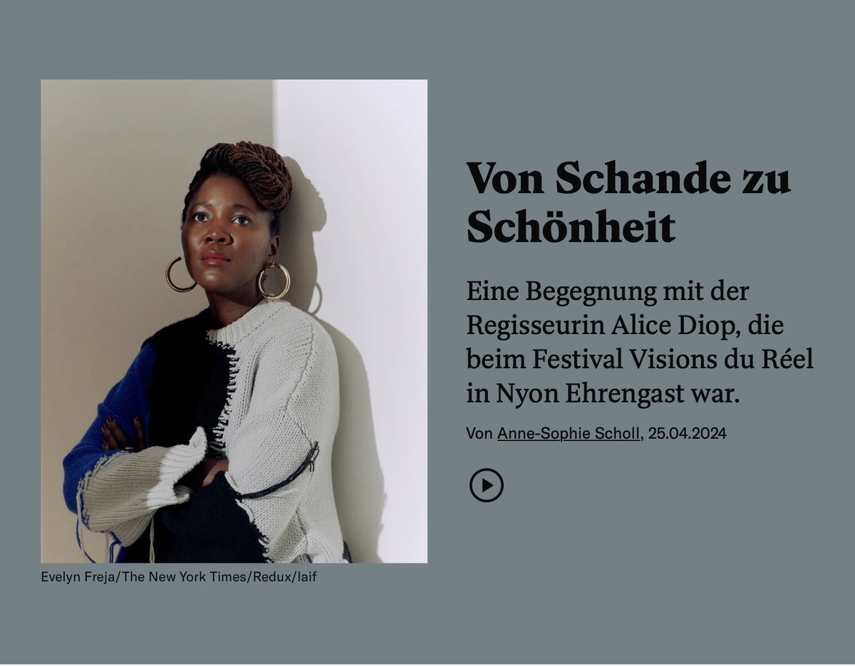 Alice Diops Filme sind sanft, zugleich ist ihnen grosse Gewalt eingeschrieben. Eine Begegnung mit der Regisseurin, die Ehrengast am Filmfestival @visionsdureel war. Heute im <a href="/RepublikMagazin/">Republik</a> 🇫🇷🎬✨

👉republik.ch/2024/04/25/ali…