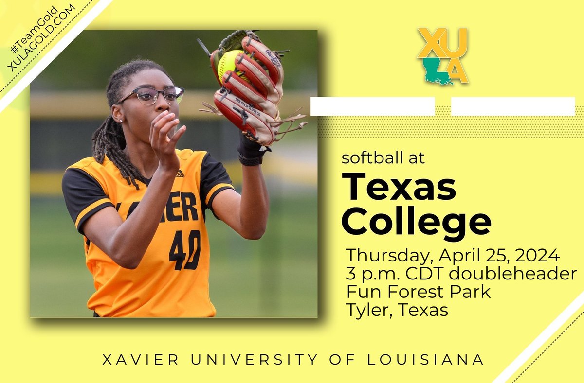 Venue address: 2000 North Forest Ave., Tyler, TX 75702. Free admission. Forecast: cloudy, breezy, high 83. Softball plays 2 against Texas College.
• Stats G1: tinyurl.com/9mbf3z62
• Stats G2: tinyurl.com/4ywc5sa9
#TeamGold #HailAllHailXU #NAIASoftball #HBCU #XULA