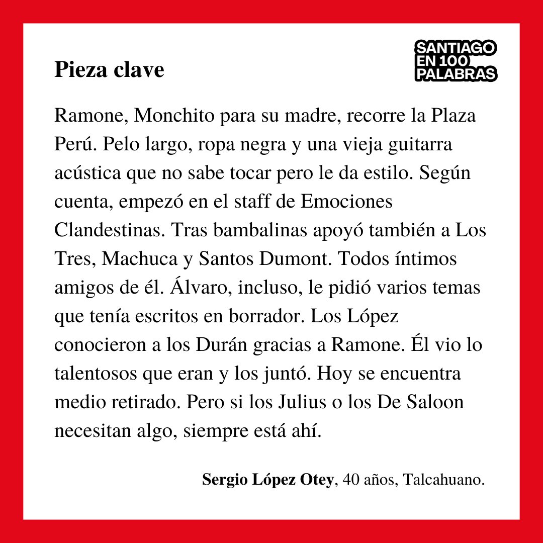 ¿Qué te pareció este cuento de #SantiagoEn100Palabras? 🎸 Este finde viviremos importantes shows de @lostres  y @Los_Bunkers. 

✍🏽🎧 Inspírate escuchando la @rockandpop y escribe tus relatos en máximo 100 palabras ¡hasta el 30 de abril! santiagoen100palabras.cl