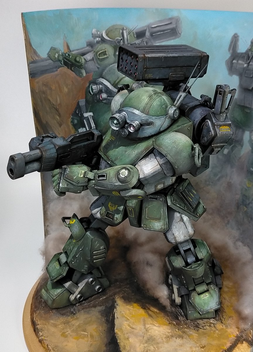 ufjmFR0BF7t5Jq7's tweet image. 先程のＨＪオラタコ選手権でのツイートが著作権に引っかかるようなので削除しました。コメントを頂いた皆様誠に申し訳ございません。

改めて審査員特別賞大河原邦男賞をいただきました、天神英貴先生の描かれたイラストを参考にした1/20スコープドッグです。
#オラタコ
#ボトムズ 
#ホビージャパン