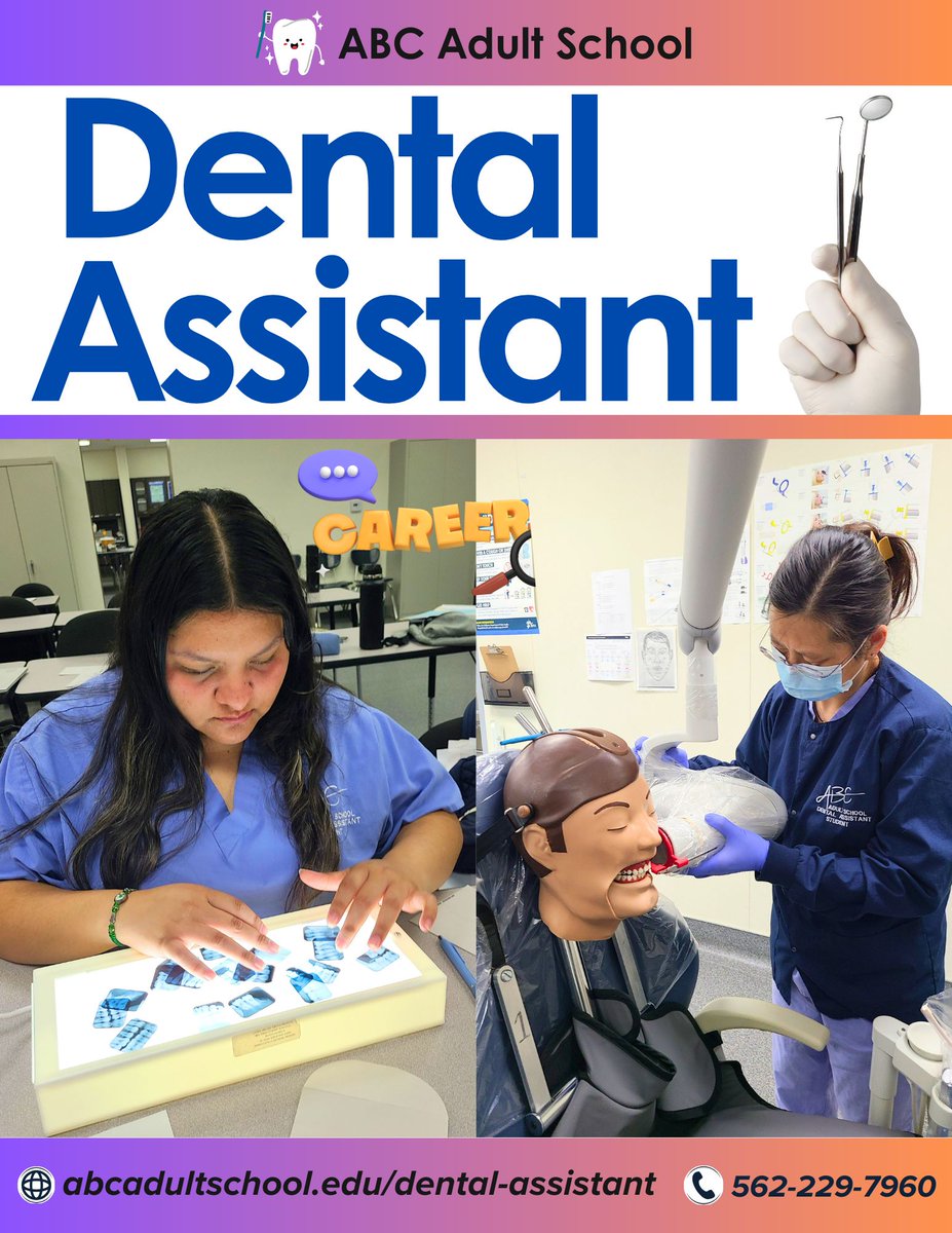 Our Dental Assistant Program trains students in clinical and administrative skills. Students are gaining the skills to get hired!

☎️ 562-229-7960
💻 abcadultschool.edu/dental-assista…

#ABCAdultSchool #ABCUSD #adultschooliscool #dentalassistant #careertraining