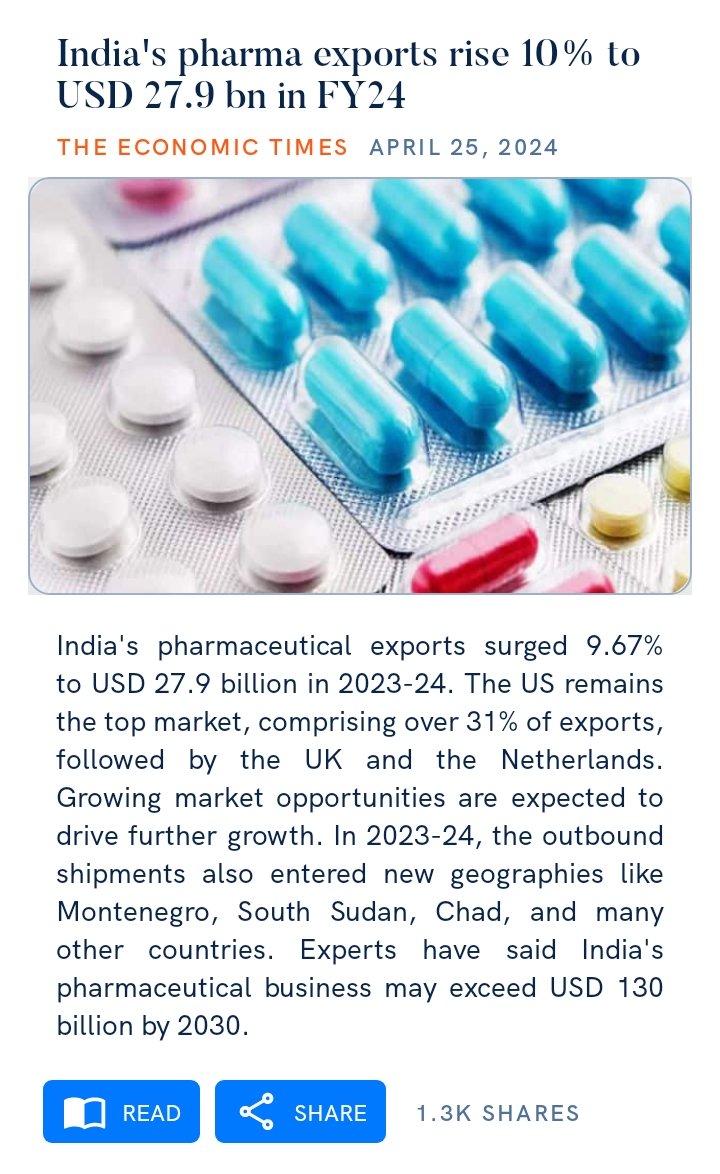 #MarketOpportunities 

India's #pharmaexports rise 10% to USD 27.9 bn in FY24

economictimes.indiatimes.com/industry/healt…