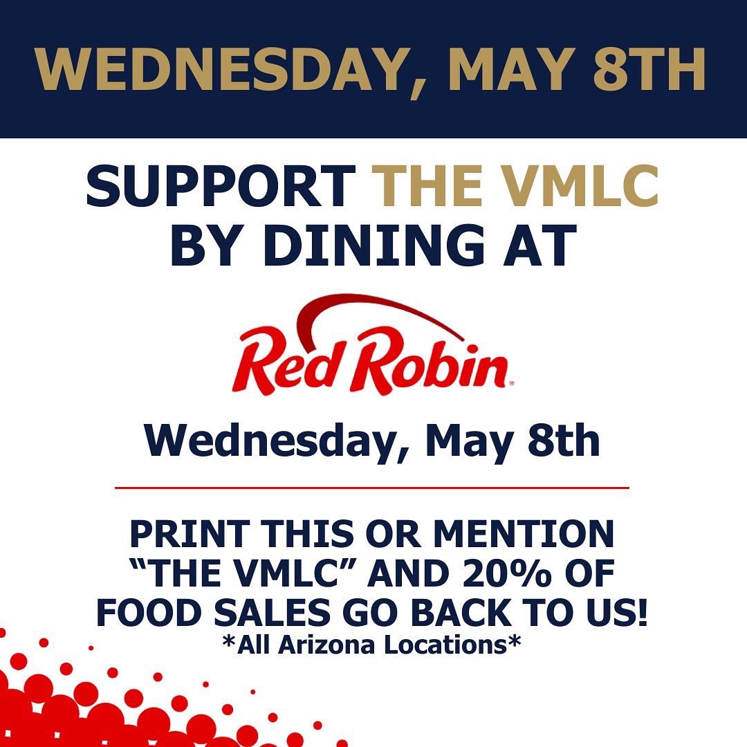 🗓️ PLEASE save the date for our next Red Robin fundraiser on May 8th, where we aim to raise even more than the last one!

#redrobin #redrobinburgers #azvets #azveterans #arizonavets #veteranssupportingveterans #vmlcaz