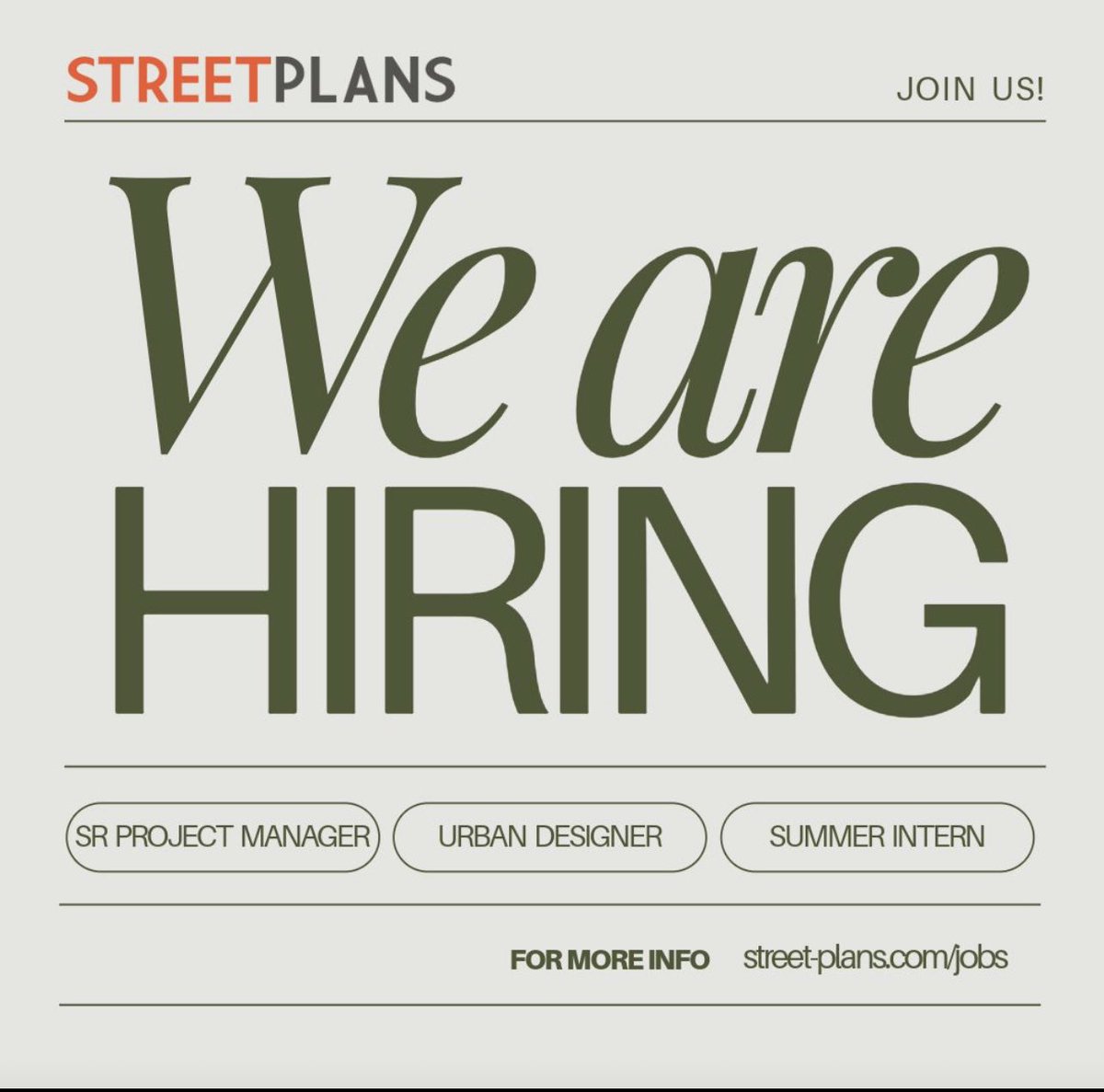We are looking for three new @StreetPlans colleagues who are passionate about transforming cities. Take a look and apply if you think you’d be a good fit! street-plans.com/jobs/