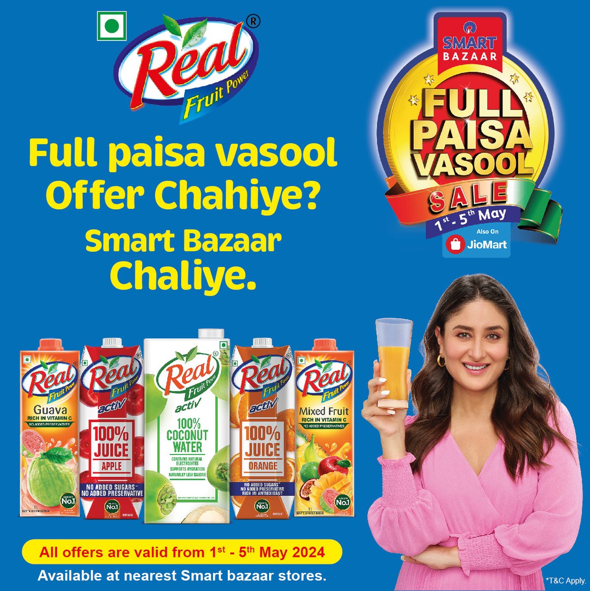 Why miss it when you can sip it? Enjoy amazing offers on Réal Juices in the Full Paisa Vasool Sale only on <a href="/SMARTBazaarIn/">SMART Bazaar</a> and <a href="/JioMart/">JioMart</a> from 1st May to 5th May.

#FullPaisaVasoolSale #AmazingOffers #DontMissIt #Real #FruitPower