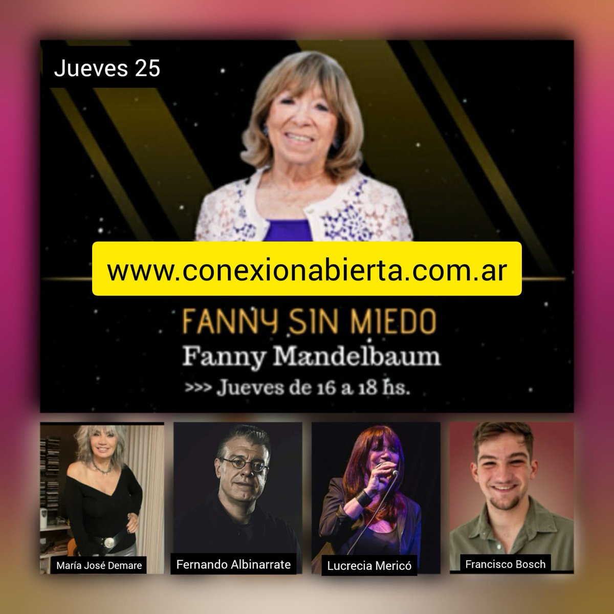 Llegó el jueves te espero de 16 a 18hs #Fannysinmiedo por <a href="/conexionabierta/">CONEXIÓN ABIERTA</a> con las cantantes <a href="/LademareOK/">🇦🇷🇮🇪💜Maria jose Demare</a> #LucreciaMericó #fernandoAlbinarrate autor/director  teatral y #FranciscoBosch #director #lanona #robertocossa MIRAR LA RADIO 👉
conexionabierta.com.ar