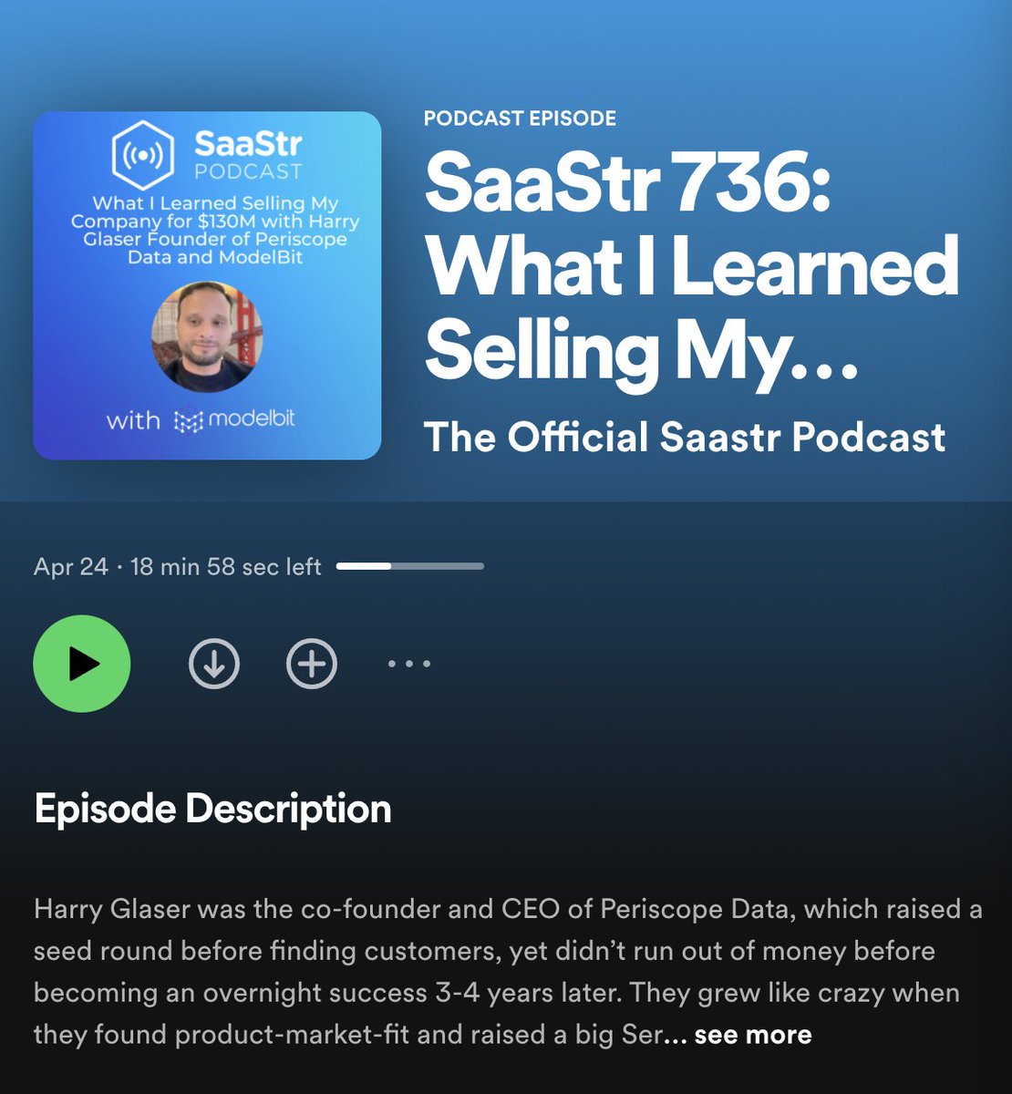 Ok the latest SaaStr pod with @harryglaser on What Really Happens When You Sell Your Startup for $150m is really great Listen here -> open.spotify.com/episode/3oK4Of… Vid here -> youtube.com/live/BAxlw02lO…