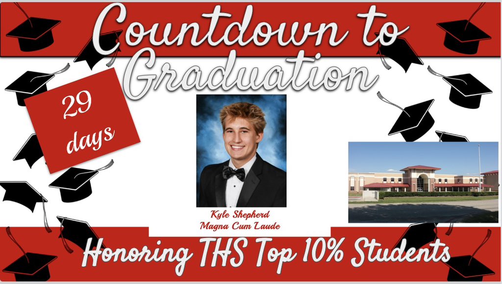 We are 29 days away from the @TISDTHS Class of 2024 Graduation Ceremony. We are counting down the days to Graduation by honoring our Top 10% Graduates. Today we recognize Magna Cum Laude Graduate Kyle Shepherd!
