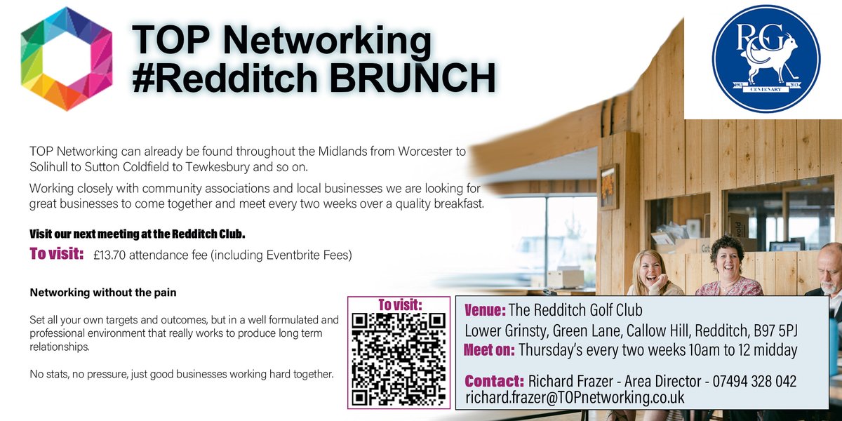 TOP Networking Redditch BRUNCH: Every two weeks on Thursdays 10:00am at Redditch Golf Club for a delightful networking session. £12 per visit. @TOP_Worcester #WorcestershireHour #Ad