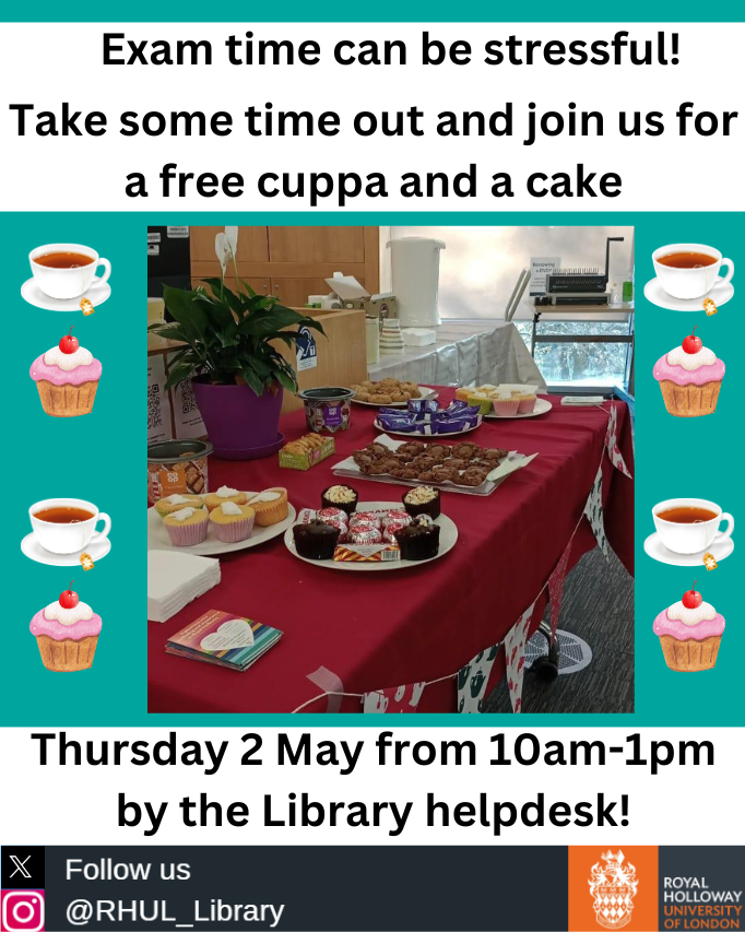 Exam revision getting you down? On Thursday 2 May we will be offering free hot drinks and cake in the library to help you de-stress! Join us by the library helpdesk 10am - 1pm! 🧁