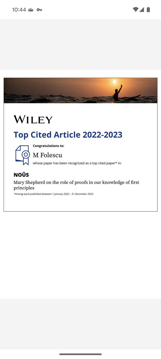 Em_Folescu's tweet photo. I was happily surprised to learn that my paper "Mary Shepherd on the role of proofs in our knowledge of first principles" has been recognized as a top cited paper in Nous (for 2022-2023). In the spirit of how it started, how it's going, I'm tagging @CogtweetoSeries https://t.co/89NKULNYql