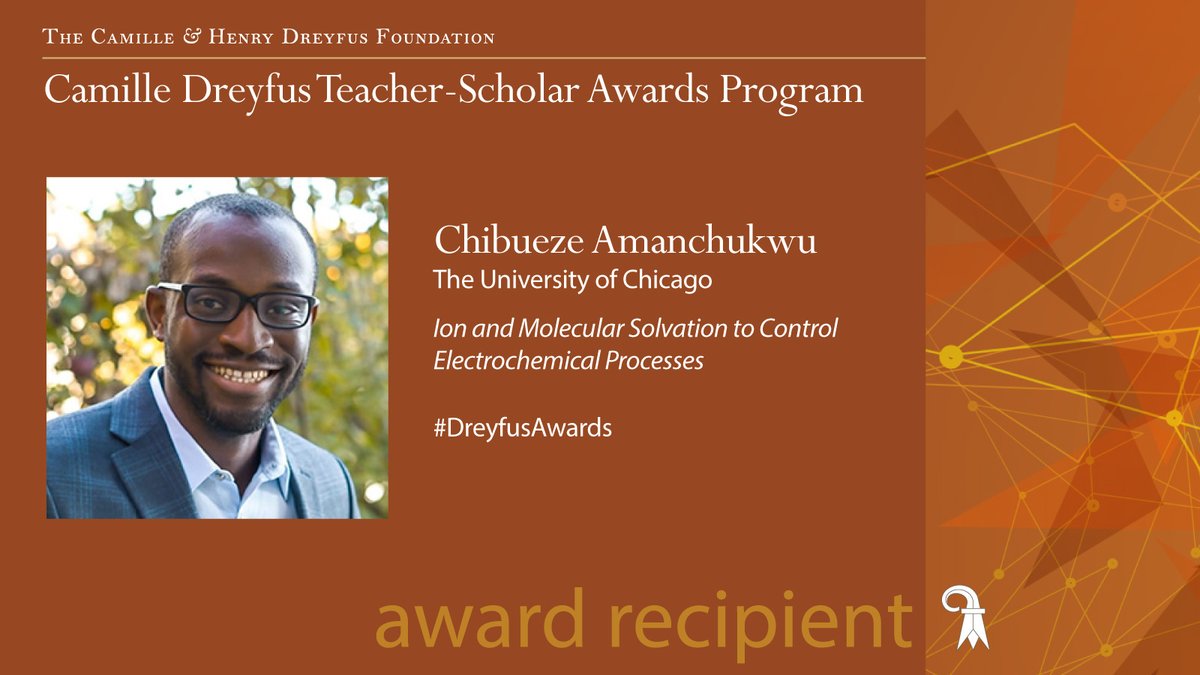 Congratulations to Dr. Chibueze Amanchukwu, @uchicago, for being named a 2024 Camille Dreyfus Teacher-Scholar! @AmanchukwuLab @UChicagoPME #DreyfusAwards