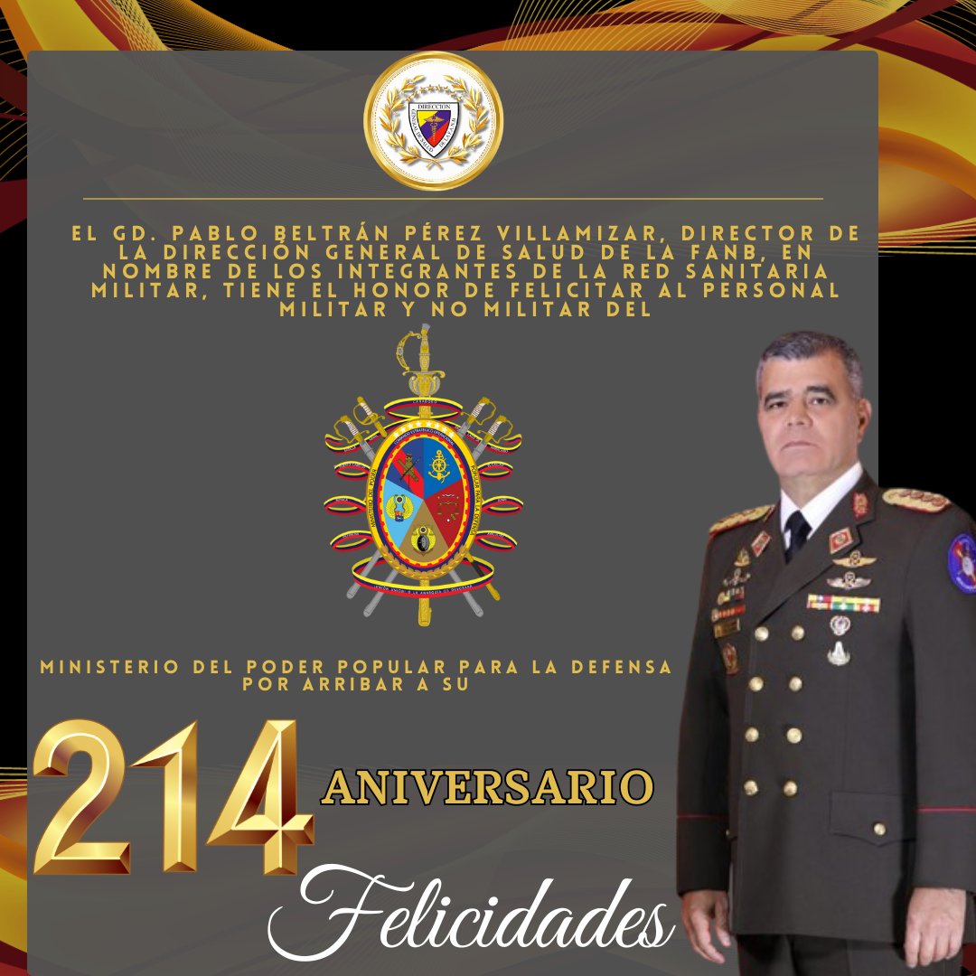 La Familia #RedSanitariaMilitar se llena de Júbilo, se honra en felicitar y acompañar al personal del  Ministerio del Poder Popular para la Defensa por arribar al 214º Aniversario de su fundación como máximo órgano administrativo de la Fuerza Armada Nacional Bolivariana.