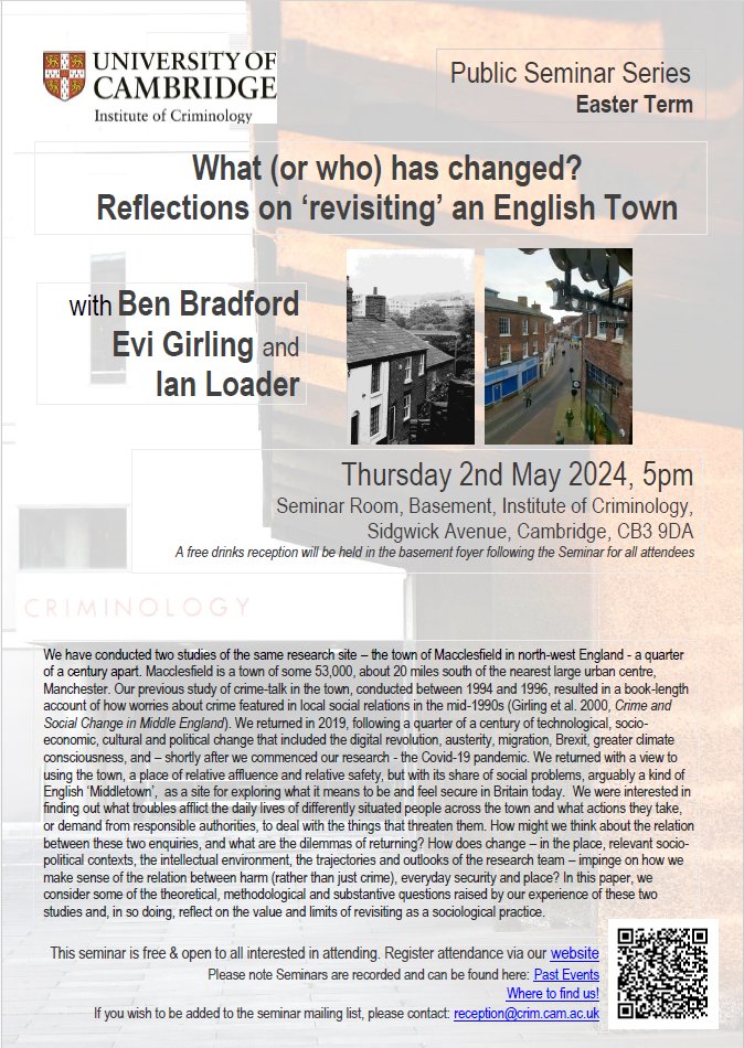 Next week, Thursday 2nd May, 5pm we look forward to welcoming Professor @LoaderIan @OxfordCrim, Dr Ben Bradford @UCLCrimeScience & Dr. Evi Girling @KeeleUniversity for their Seminar. Register to attend online, or in person here: crim.cam.ac.uk/events/public-…