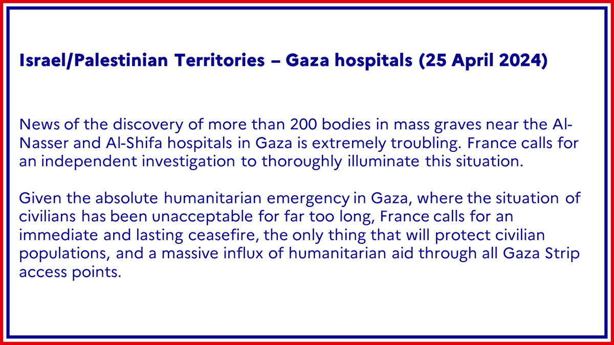 #Israel #PalestinianTerritories | News of the discovery of more than 200 bodies in mass graves near the Al-Nasser and Al-Shifa hospitals in Gaza is extremely troubling. 🇫🇷 calls for an independent investigation to thoroughly illuminate this situation. ➡️ fdip.fr/07j9aT36