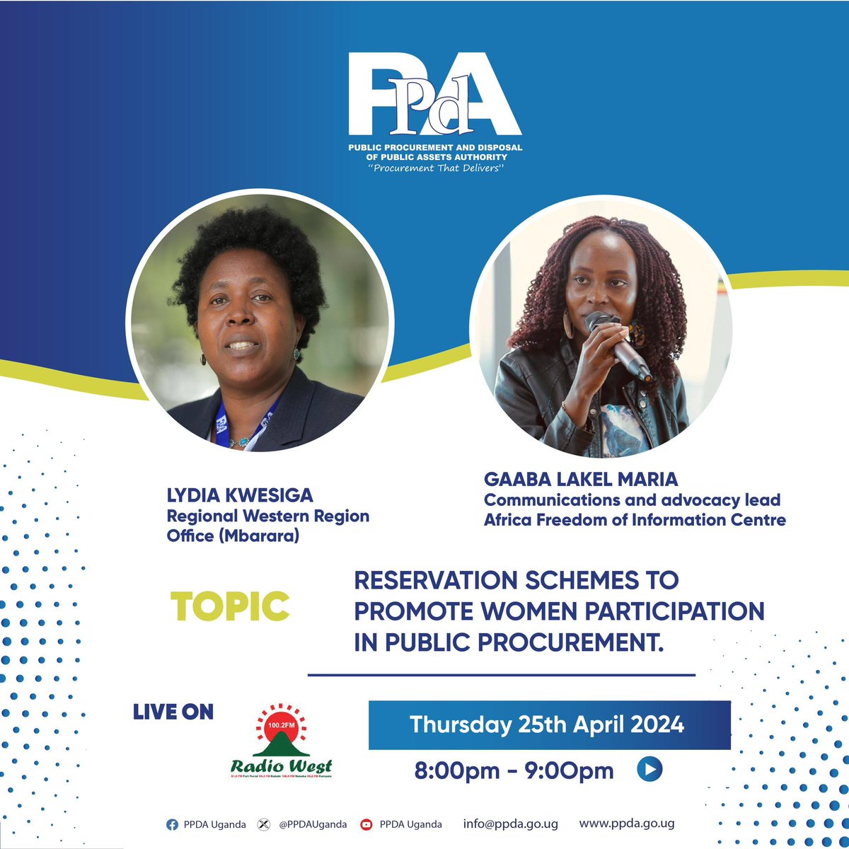 📍Mbarara City | @radiowestug ⏰ 8:00pm - 9:00pm. Tonight with @africafoicentre we discuss measures to #LIFT Women Entrepreneurs’ participation in public procurement in Mbarara City. Research shows that only 6 of the 56 prequalified companies by the City are women owned!