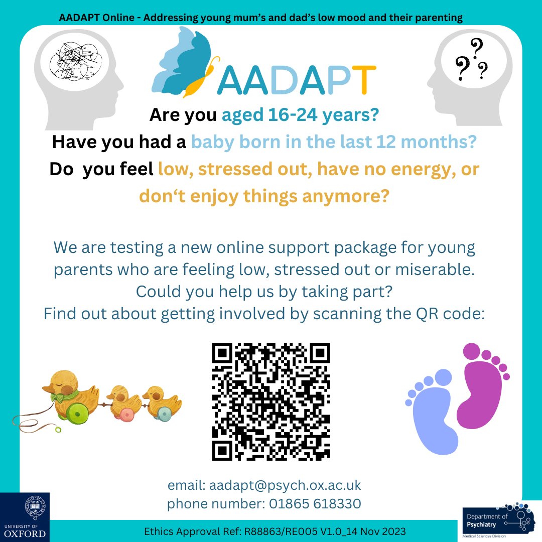 Excited to launch the AADAPT study Support for young Mums and Dads age 16-24 years who are feeling low, depressed or stressed Find out more and get involved by scanning the QR code below or click trial-deck.com/trial/aadapt?r…