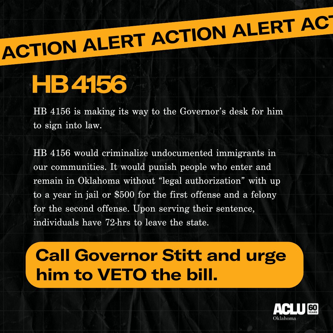 📷 HB4156, would criminalize undocumented immigrants in OK by punishing people who enter and remain in the state without 'legal authorization' with up to a year in jail or $500 for the first offense, is making its way to the Governor's desk.